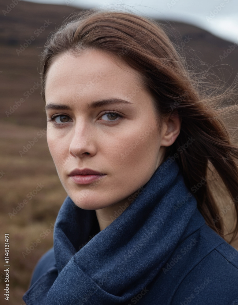 Woman with loose hair, wearing a dark scarf and jacket, gazing thoughtfully at a distant horizon. Woman with loose hair, wearing a dark scarf and jacket, gazing thoughtfully at a distant horizon.
