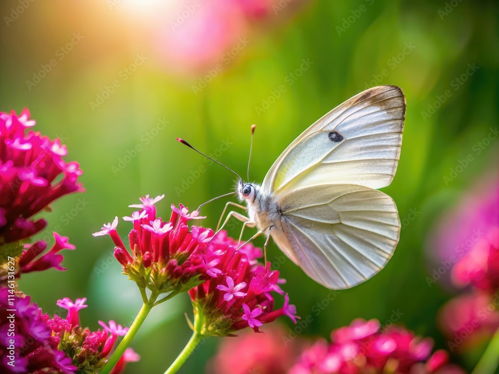 A white butterfly rests on pink flowers, a breathtaking spring scene captured in high-resolution. A white butterfly rests on pink flowers, a breathtaking spring scene captured in high-resolution.