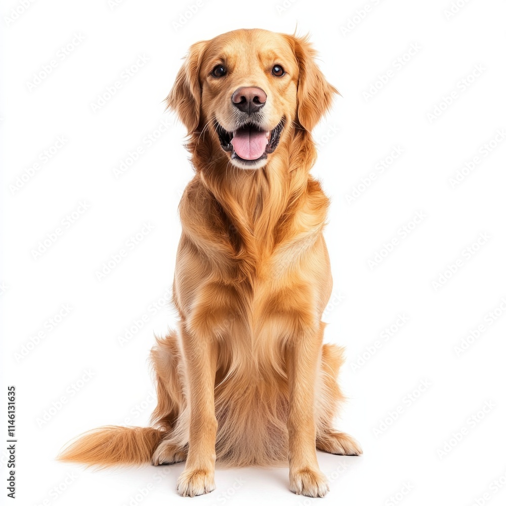 Golden retriever sitting on white background smiling with tongue out Golden retriever sitting on white background smiling with tongue out