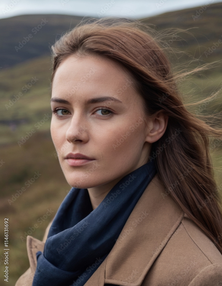 Portrait of a woman in a blue scarf, with natural makeup and a calm expression, standing outdoors in a grassy field under a cloudy sky. Portrait of a woman in a blue scarf, with natural makeup and a calm expression, standing outdoors in a grassy field under a cloudy sky.