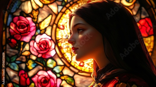 A vibrant stained-glass portrayal of Saint Therese of Lisieux, encircled by radiant roses, glowing soft pink and red tones, intricate gothic arches and celestial motifs framing the divine ambiance,