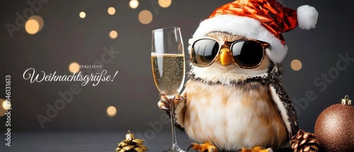 Coole Eule feiert Weihnachten mit Sekt und Sonnenbrille photo