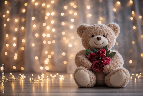 Wallpaper Mural teddy bear holding red roses in room with lights, Valentine's Day concept  Torontodigital.ca