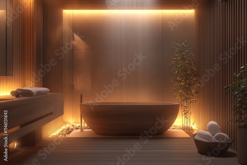 A spa bathroom with a modern, minimalist design, featuring a deep soaking tub, soft lighting, and wood accents. photo