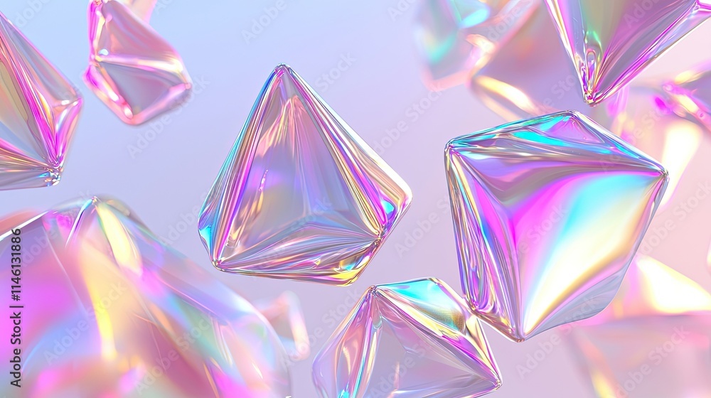 Colorful, reflective geometric shapes float in a soft, pastel background. Colorful, reflective geometric shapes float in a soft, pastel background.