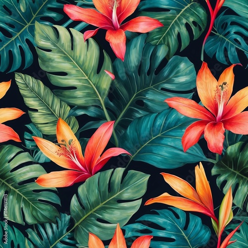 Wallpaper Mural Vibrant tropical floral pattern featuring colorful blooms and leaves Torontodigital.ca