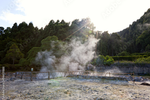 Geysers and fumaroles at the banks of Lake Furnas, São Miguel, Azores photo