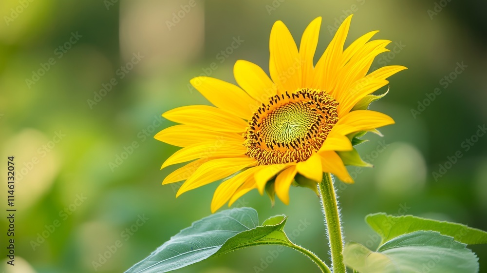 A single yellow sunflower with a backdrop of green foliage, macro shot, Nature's simplicity style A single yellow sunflower with a backdrop of green foliage, macro shot, Nature's simplicity style