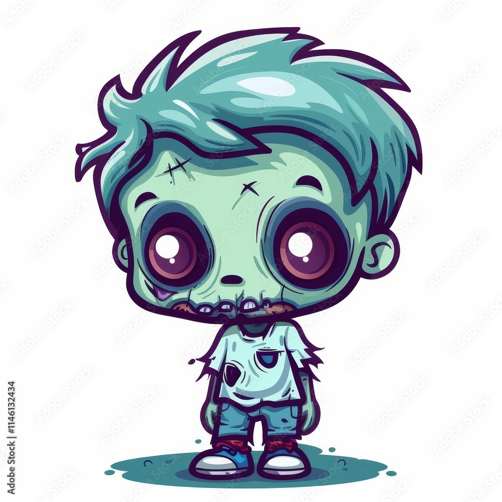 Cartoon illustration of a cute zombie boy with green skin, torn clothes, and big eyes. Cartoon illustration of a cute zombie boy with green skin, torn clothes, and big eyes.