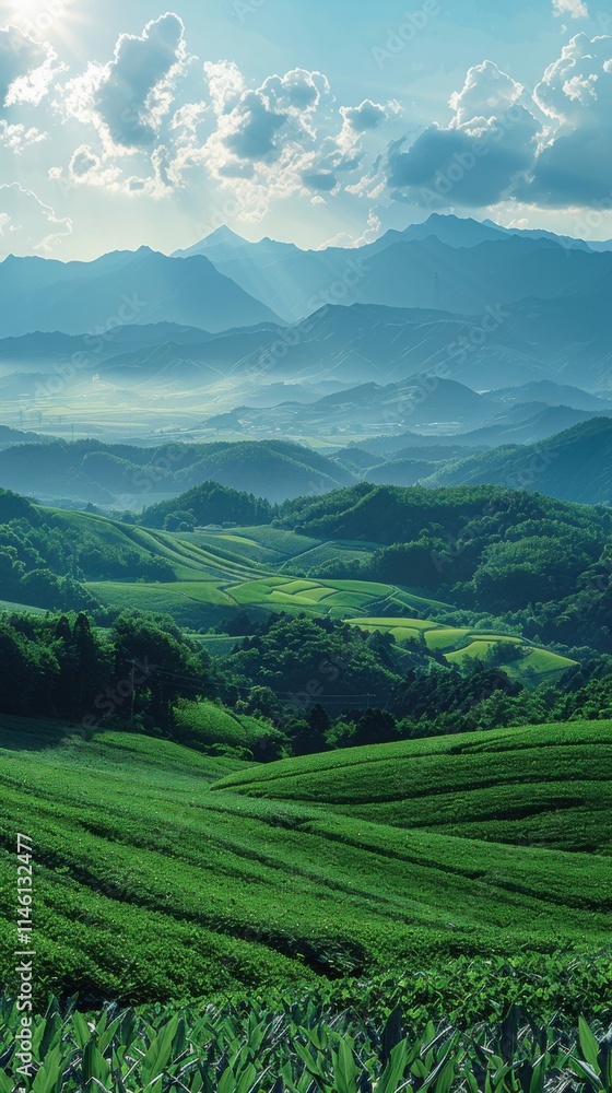 Mountains and fields with a few clouds in the sky Mountains and fields with a few clouds in the sky