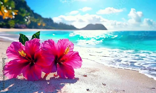 Beautiful tropical beach with pink hibiscus flowers, turquoise ocean waves, sunny blue sky, exotic island scenery, serene coastline, vibrant paradise, summer vacation, and relaxing natural beauty.

