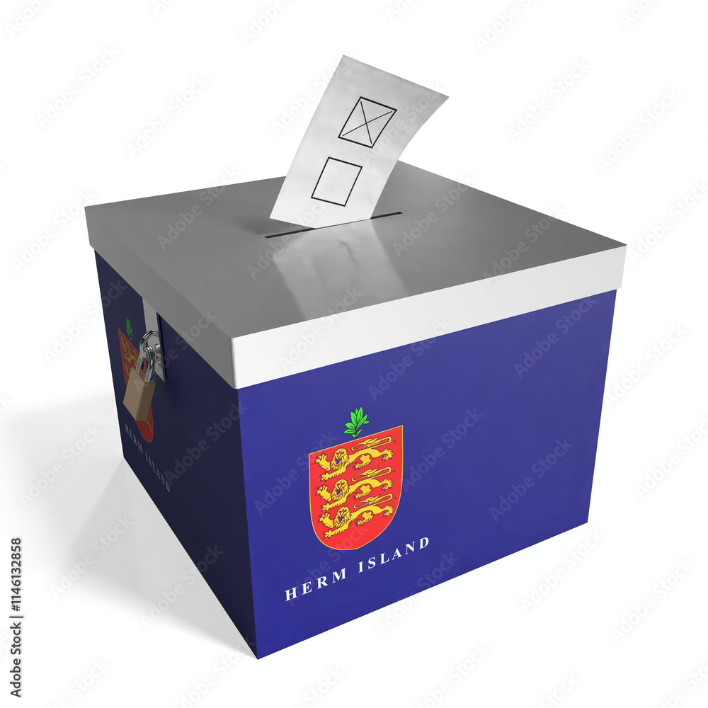 Herm - ballot box with flag - 3D illustration Herm - ballot box with flag - 3D illustration