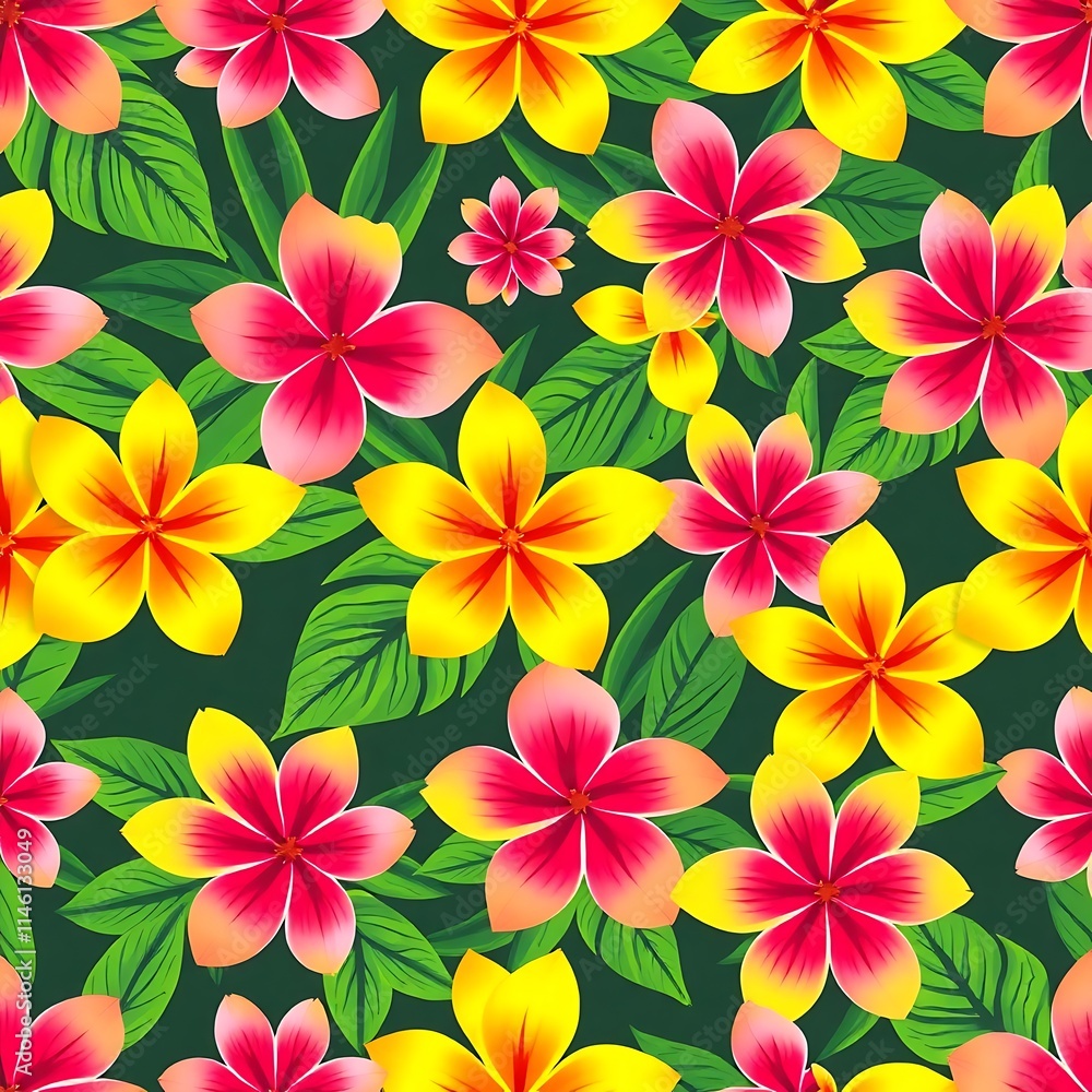 Tropical Floral Pattern: A vibrant and exotic seamless pattern featuring pink and yellow plumeria flowers with lush green leaves on a dark green background, creating a captivating tropical paradise. Tropical Floral Pattern: A vibrant and exotic seamless pattern featuring pink and yellow plumeria flowers with lush green leaves on a dark green background, creating a captivating tropical paradise.
