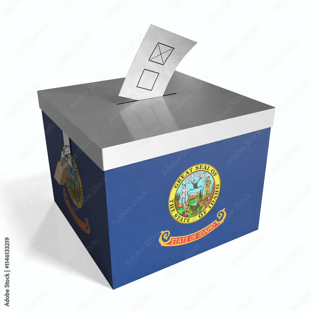 Idaho - ballot box with flag - 3D illustration Idaho - ballot box with flag - 3D illustration