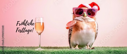 Coole Eule mit Weihnachtsmütze genießt Sekt an Weihnachten photo