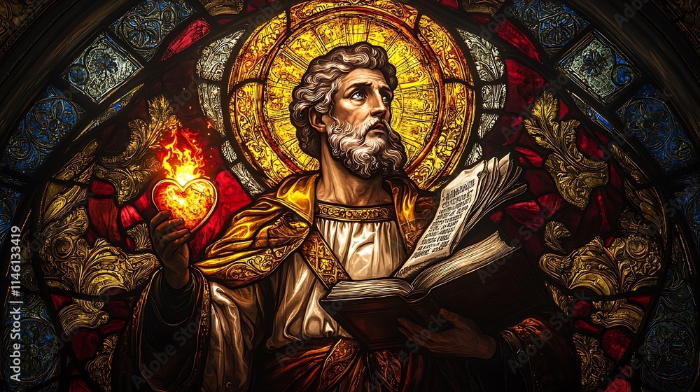 Obraz premium Saint Augustine depicted in a stunning stained-glass style, holding a flaming heart and an open book, glowing radiant golden and red tones, intricate celestial patterns framing the scene,