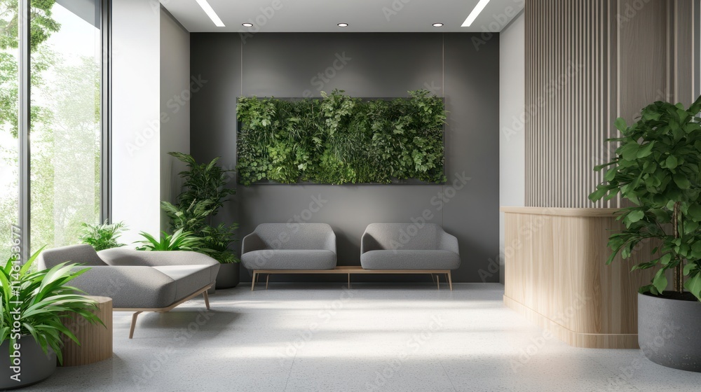 Fototapeta premium Office Waiting Room with Grey Furniture and Greenery