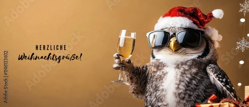 Coole Eule feiert Weihnachten mit Sekt: Lustige Weihnachtskarte photo