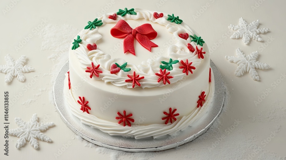 A festive cake decorated with red and green elements, perfect for holiday celebrations. A festive cake decorated with red and green elements, perfect for holiday celebrations.