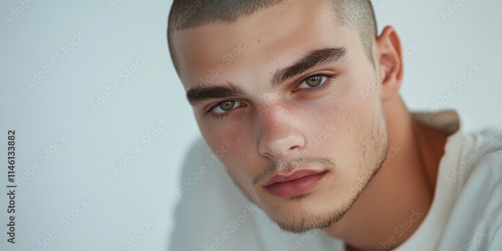 Fototapeta premium A striking portrait of a young man with a close-cropped hairstyle. His intense gaze captivates attention. This image is ideal for fashion or lifestyle themes. AI