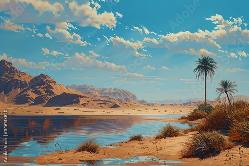 Oasis desert landscape with palm trees and mountains reflecting in calm water.