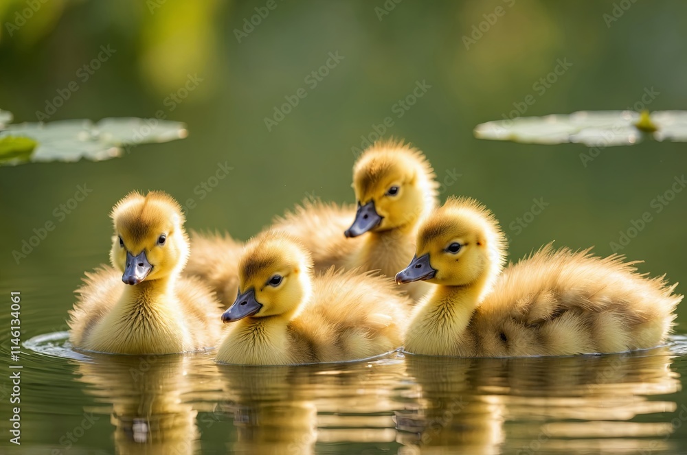 Ducklings swim peacefully in a serene pond on a sunny day Ducklings swim peacefully in a serene pond on a sunny day