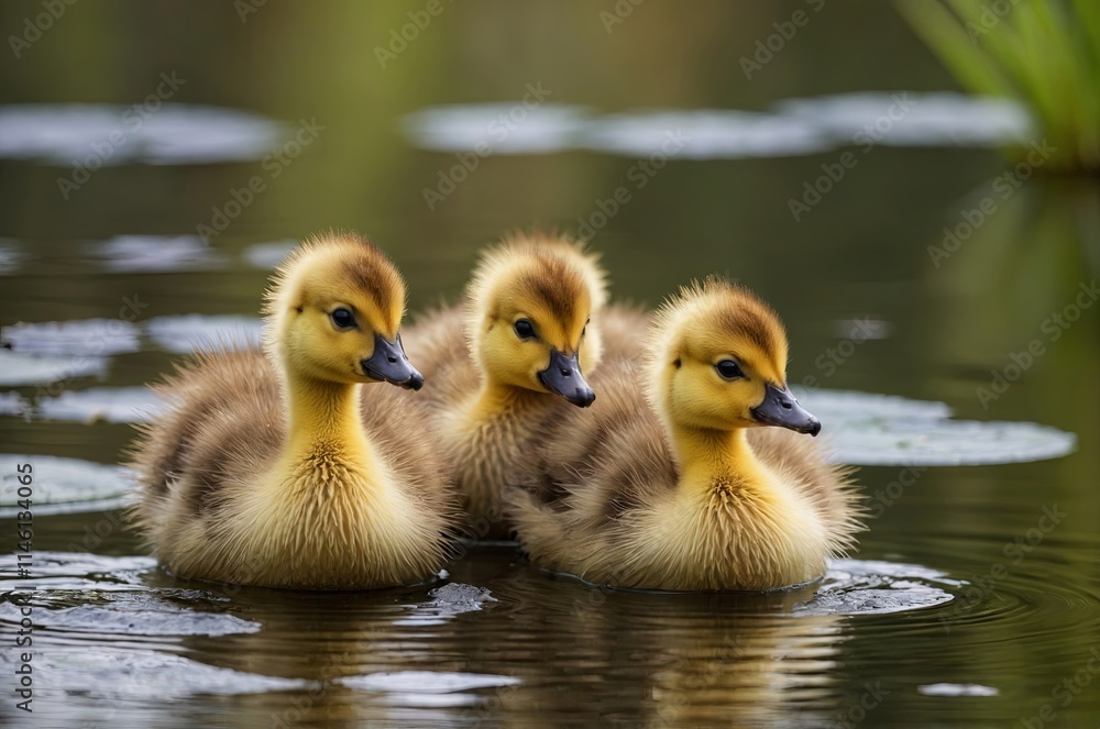 Three ducklings swim in a tranquil pond surrounded by greenery Three ducklings swim in a tranquil pond surrounded by greenery