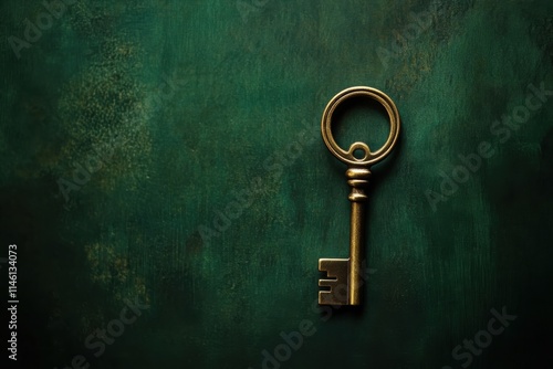 A Golden Key on a Dark Green Background Perfect for Illustrations and Designs Related to Security and Access photo