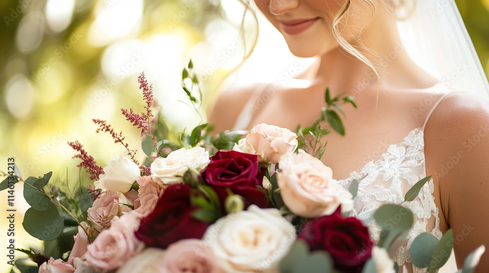 Bride Holding Elegant Rose Bouquet on Her Wedding Day Bride Holding Elegant Rose Bouquet on Her Wedding Day