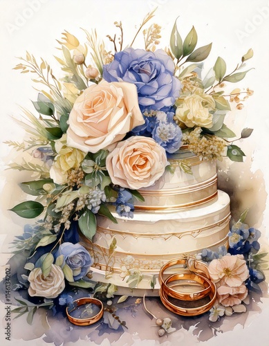 Watercolor wedding elements: bouquet, rings, cake, and soft florals isolated on white with empty copy space