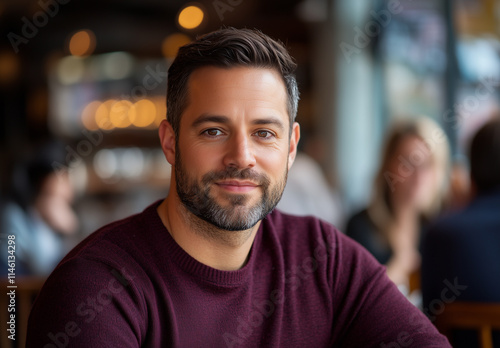 Photoshoot of young adult handsome man with beard, smiling and looking at the camera while sitting inside a restaurant. Man wearing burgundy sweater.