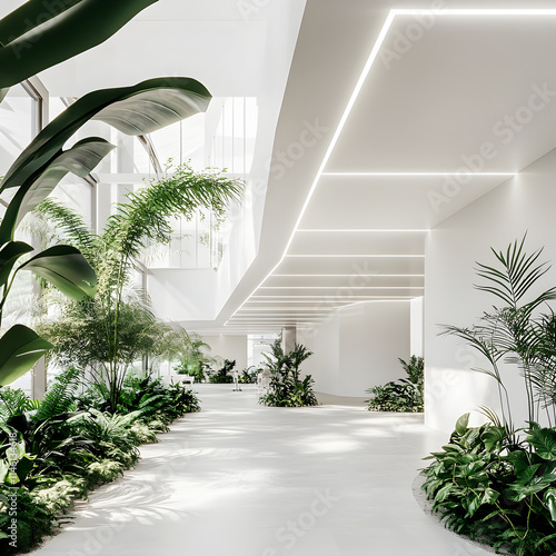 Minimalstic interior architecture of business center surrounded by lush gardens. photo