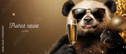 Cooler Panda feiert Silvester mit Champagner und Weihnachtskugel photo