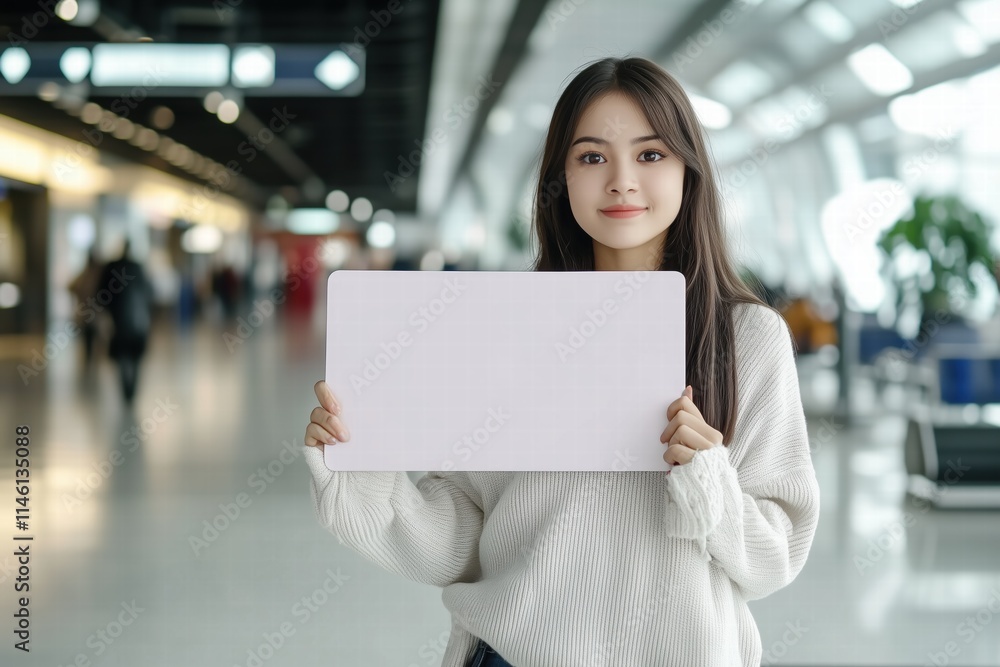 A young woman standing in an airport terminal holding a blank white sign paper sheet mockup. A young woman standing in an airport terminal holding a blank white sign paper sheet mockup.