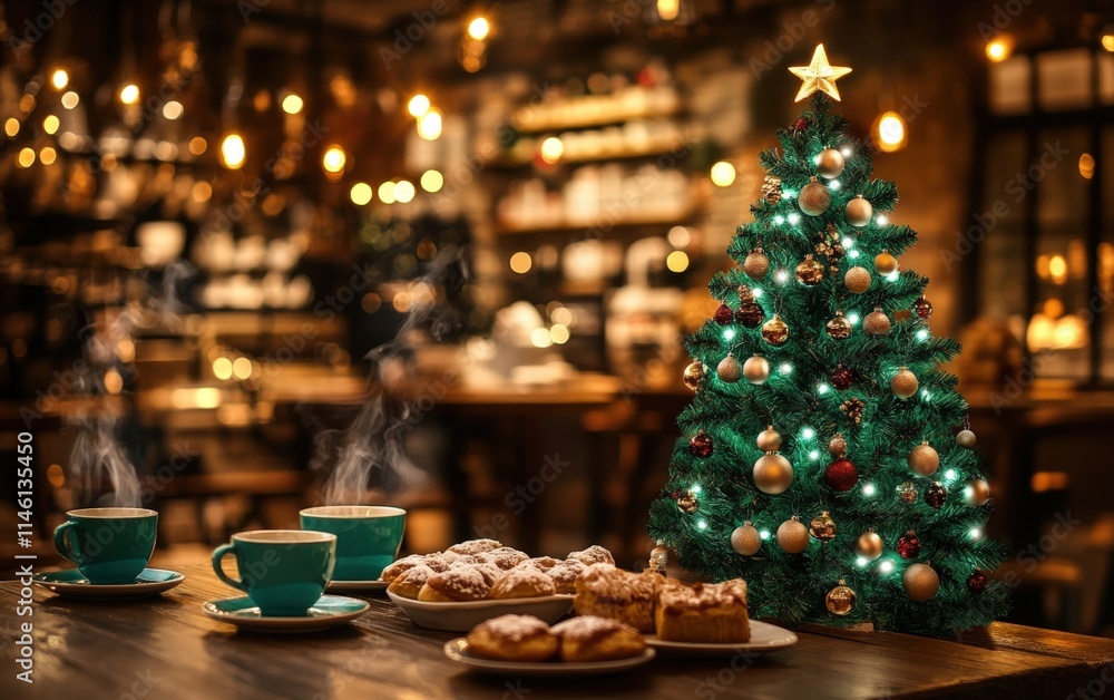 A vibrant green Christmas tree glowing softly near a seating area with steaming coffee cups and pastries A vibrant green Christmas tree glowing softly near a seating area with steaming coffee cups and pastries