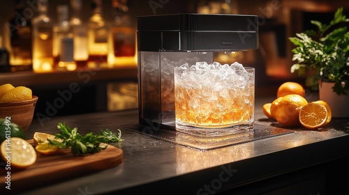  Ice Maker Machine, Clear Ice Cubes, Transparent Front, Bar Setup, Counter with Alcoholic Beverages