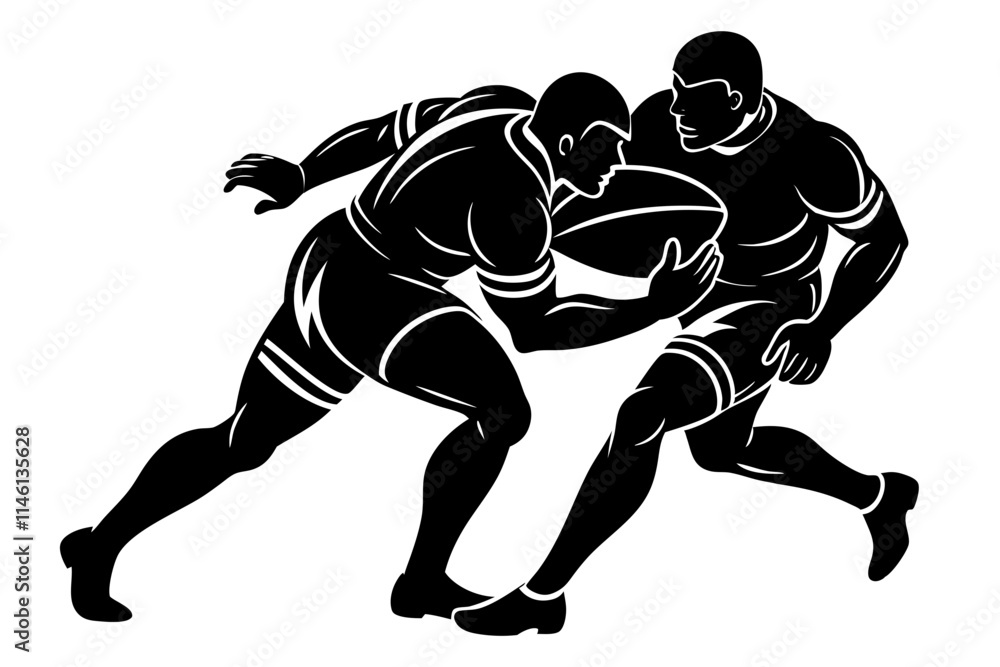 Silhouette of two rugby players in a tackle Silhouette of two rugby players in a tackle