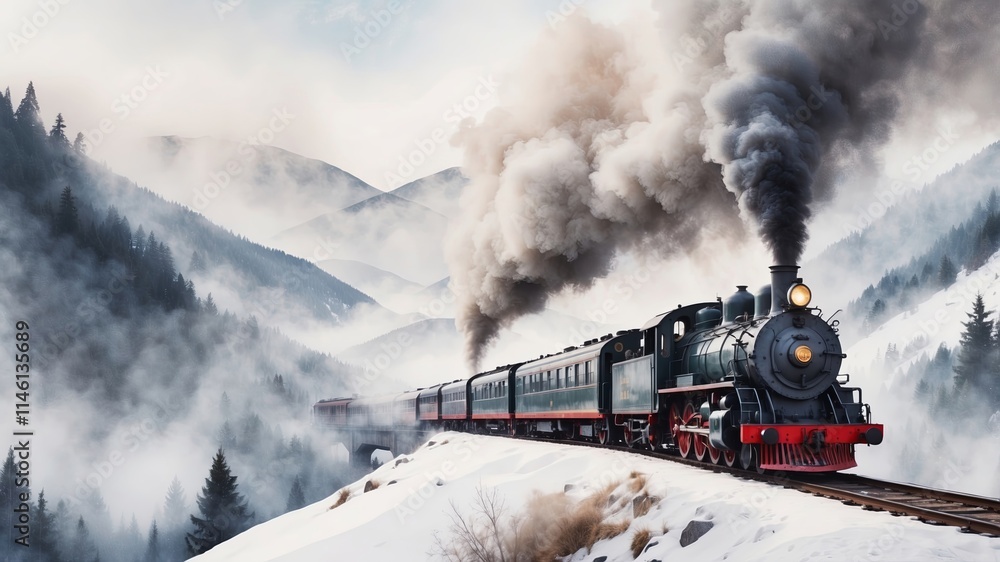 Fototapeta premium Classic steam train traveling through snowy mountain landscape