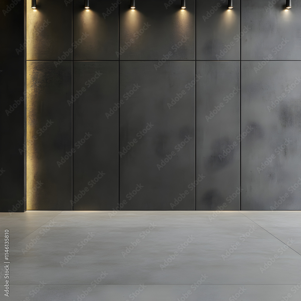 A wide shot of a dark warm gray modern concrete interior wall with concealed natural lighting highlights. 3D render. A wide shot of a dark warm gray modern concrete interior wall with concealed natural lighting highlights. 3D render.