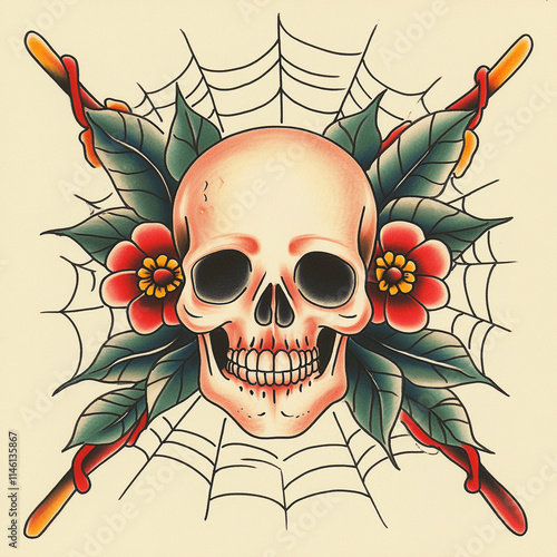 Skull and Spiderweb tattoo flash illustration photo