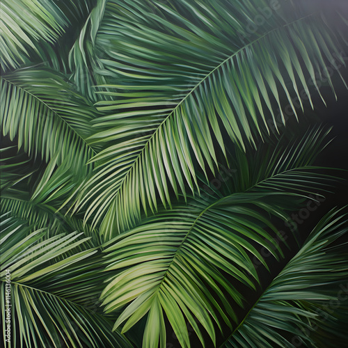 A close-up view of lush green palm leave overlapping each other, creating a dense, natural pattern. The leaves are illuminated by soft, low lighting that highlights their rich textures.
