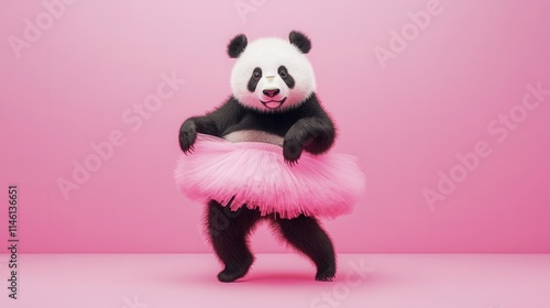 a panda wearing a frilly pink tutu and tiny ballet slippers, standing on its hind legs like a dancer.  photo