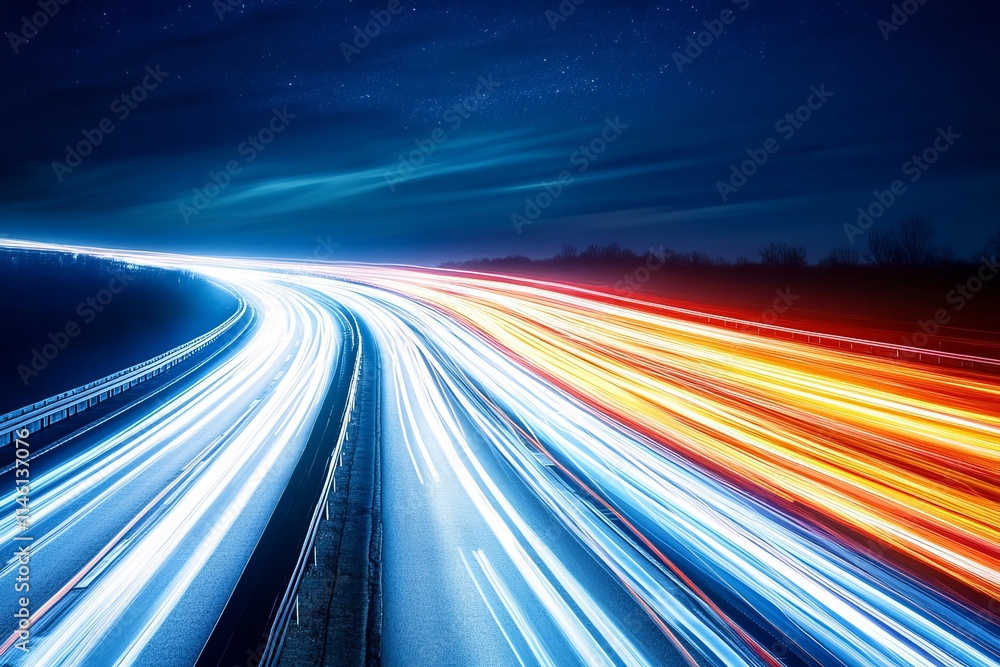 A nighttime highway scene with luminous lane A nighttime highway scene with luminous lane