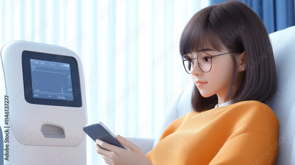 Photorealistic scene of a woman using a digital medical diagnostic device at home Photorealistic scene of a woman using a digital medical diagnostic device at home