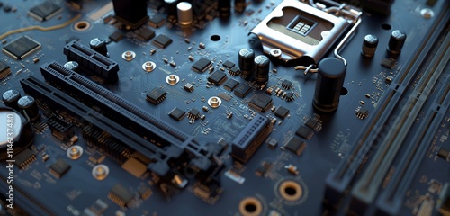 A digital technology background with a detailed close-up of a motherboard, showcasing intricate circuits and components, symbolizing the foundation of modern computing. photo