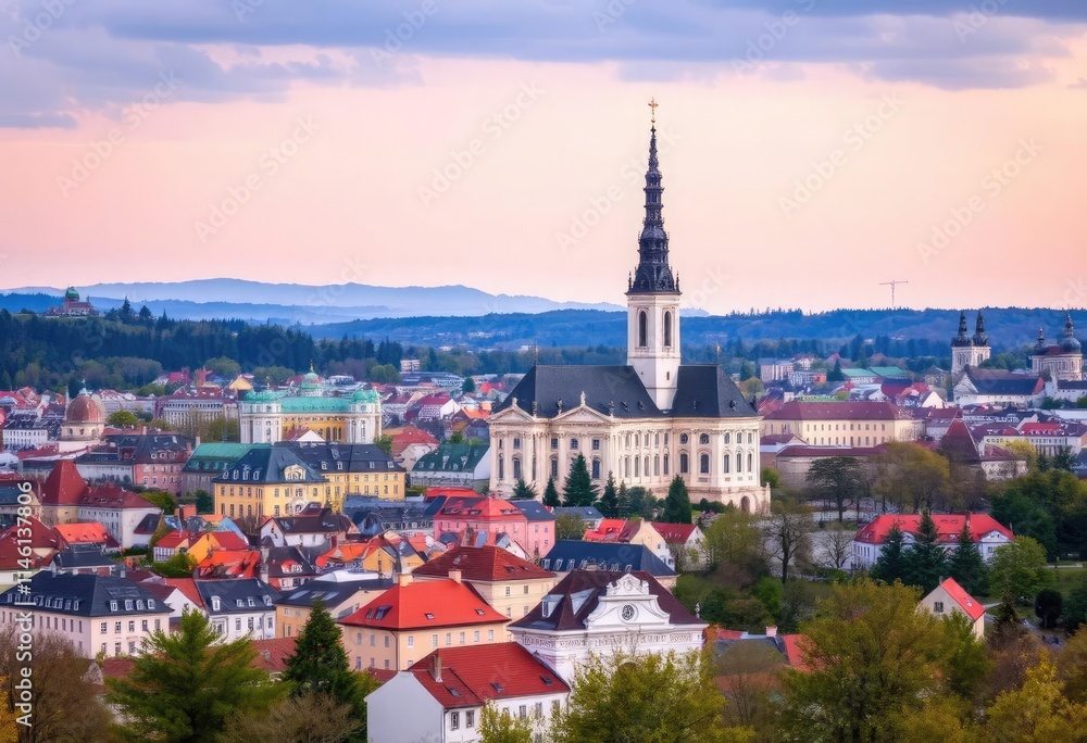A vibrant daytime view of Bratislava's cityscape in Slovakia, featuring the iconic St. Martin's Cathedral surrounded by historic architecture, modern buildings, and the serene flow of the Danube River A vibrant daytime view of Bratislava's cityscape in Slovakia, featuring the iconic St. Martin's Cathedral surrounded by historic architecture, modern buildings, and the serene flow of the Danube River