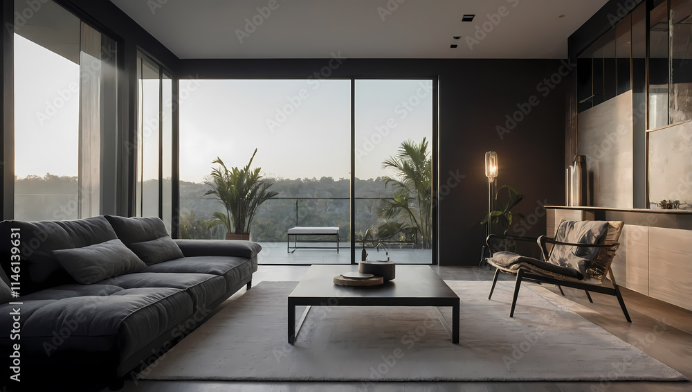 Modern living room with dark grey sofa, black coffee table, and a chair. Large windows offer a view of trees and hills at sunset. Neutral color palette with dark walls and light floor rug. Modern living room with dark grey sofa, black coffee table, and a chair. Large windows offer a view of trees and hills at sunset. Neutral color palette with dark walls and light floor rug.