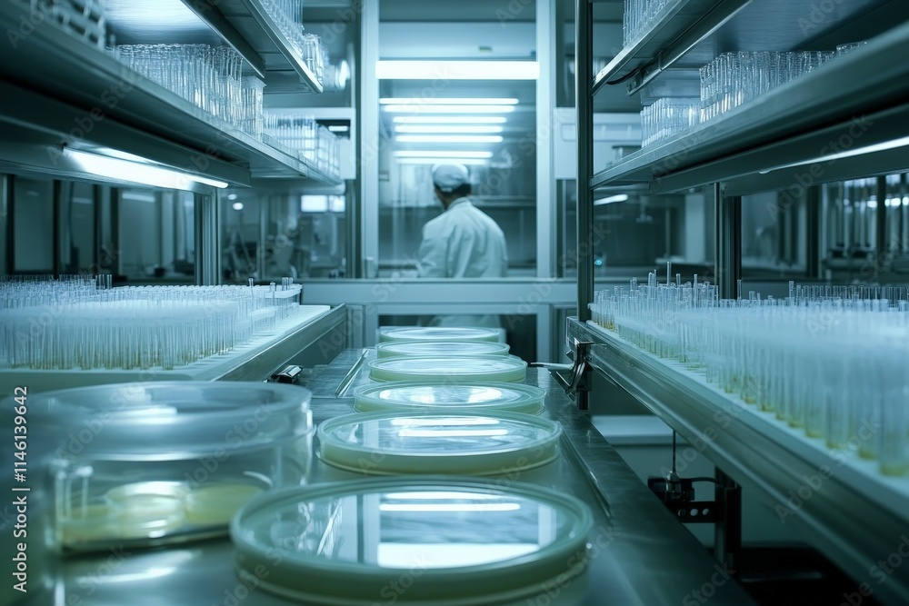Obraz premium Futuristic laboratory interior showcasing tubes and glassware, meticulously organized for advanced scientific exploration and research in a highly controlled setting.