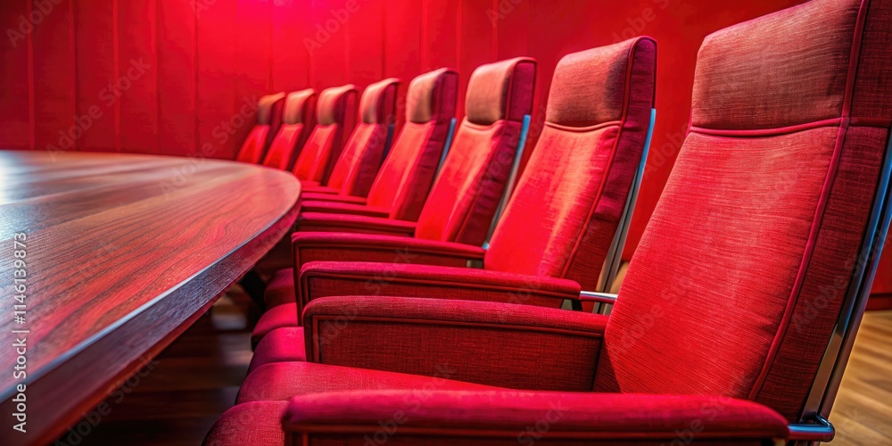 Obraz premium Macro lens captures the rich texture of red chairs in a focused conference room.
