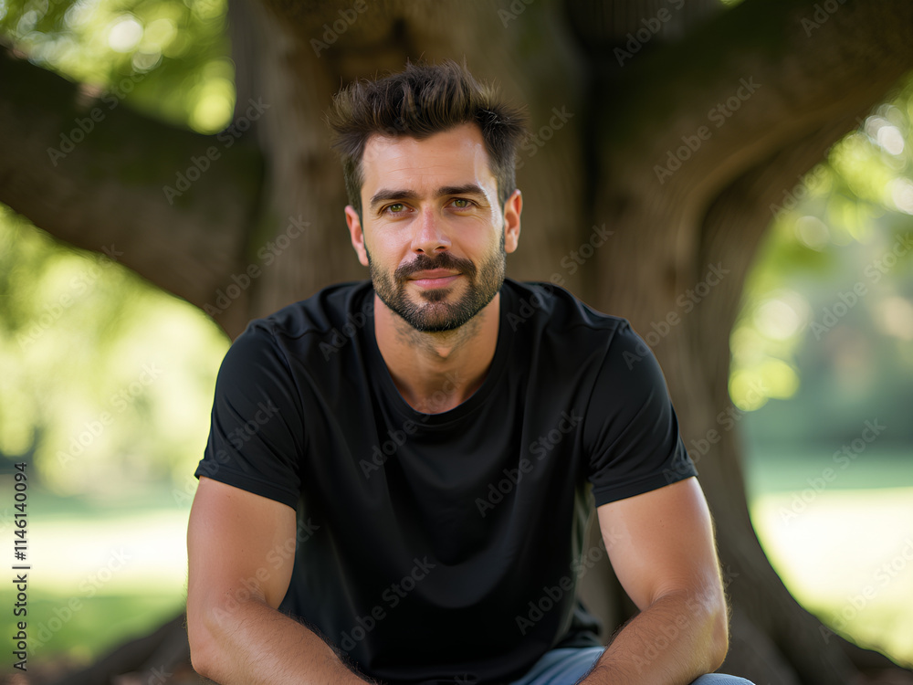 Relaxed man in a black t-shirt, beneath a large tree, bathed in natural light Relaxed man in a black t-shirt, beneath a large tree, bathed in natural light
